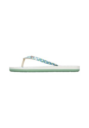 Flip-flops med ett ljusblått och grönt rutmönstrat band, vit sula med en mintgrön kant och en stilren, minimalistisk design.
