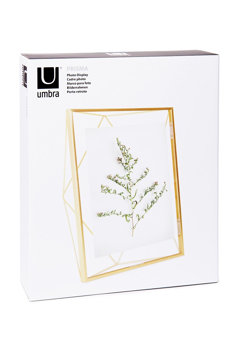 Cadre photo géométrique doré avec une vitre transparente, affichant un fond blanc et un élément botanique vert. L'emballage se présente sous la forme d'une boîte blanche.