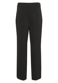 Pantaloni neri realizzati in tessuto liscio, con un design a gamba dritta, due tasche posteriori e una semplice vita con passanti per la cintura.
