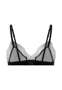 Zwarte en doorschijnende kanten bralette met een V-vormig ontwerp, decoratieve geschulpte randen, verstelbare bandjes en een haak-en-oogsluiting.