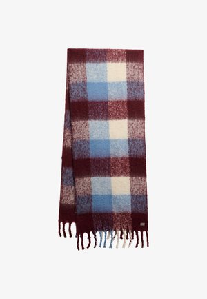 Wollen sjaal in een ruitpatroon, met donkere bordeaux, lichtblauwe en crèmekleurige vierkanten. Heeft franjes aan de randen voor extra textuur.