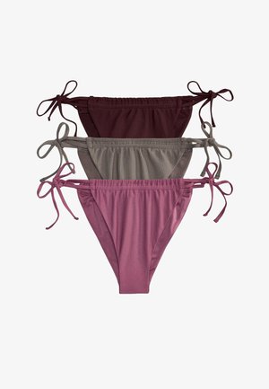 Three women's bikini bottoms in solid colors, arranged stacked with side tie straps in burgundy, grey, and mauve shades.