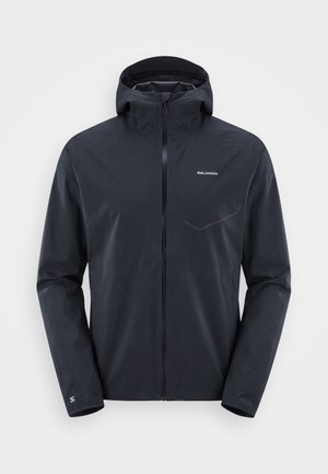 Zwarte capuchonjas met volledige ritssluiting, lange mouwen, Salomon-logo op borst en pols, ontworpen voor buitenshuis dragen.