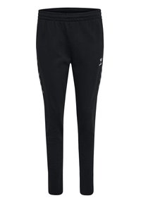 Schwarze Jogginghosen aus weichem, dehnbarem Material. Mit einem gerippten Bund und seitlichen Streifen in kontrastierender Farbe sowie einem Logo-Detail.