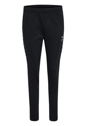Zwarte jogpants gemaakt van zachte, rekbare stof. Voorzien van een geribde tailleband en zijstrepen in een contrasterende kleur, met logo-details.