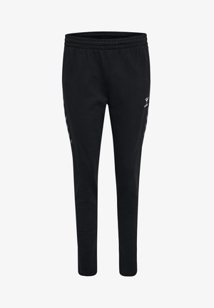 Schwarze Jogginghosen aus weichem, dehnbarem Material. Mit einem gerippten Bund und seitlichen Streifen in kontrastierender Farbe sowie einem Logo-Detail.