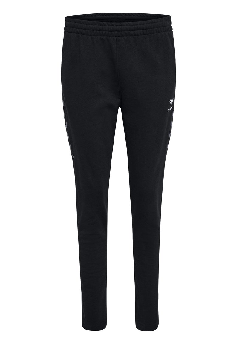 Schwarze Jogginghosen aus weichem, dehnbarem Material. Mit einem gerippten Bund und seitlichen Streifen in kontrastierender Farbe sowie einem Logo-Detail.