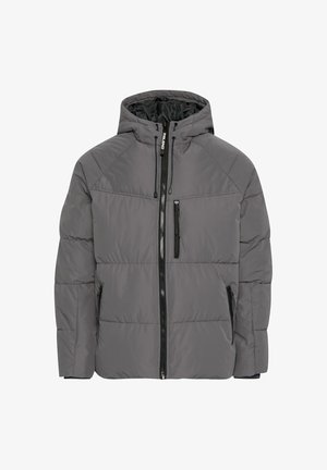 Szürke lebegődzseki kapucnival, cipzáros záródással, két oldalsó zsebbel és egy mellzsebbel. Sima textúra, steppelt minta a testen.