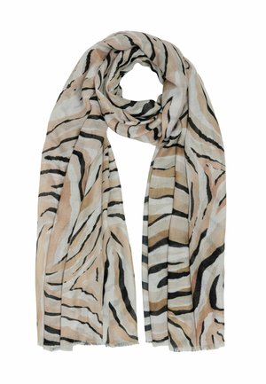 Leichter Schal mit einem beigen und weißen Zebra-Streifenmuster und schwarzen Akzenten. Weicher Stoff mit ausgefransten Kanten, ovaler Schnitt, wenn er drapiert wird.