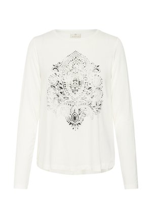 Camisa blanca de manga larga con un intrincado estampado de paisley negro en el centro. Tejido suave, dobladillo redondeado y cuello tipo crew.