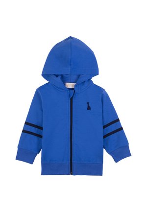 Blue toddler hoodie with front zipper, two black stripes on each sleeve, and small giraffe logo on the left chest.