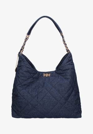 Gequilte marinestof handtas met een goudkleurige kettinghandvat en sluitdetail. Heeft een zachte, gestructureerde body met een slungelige vorm.