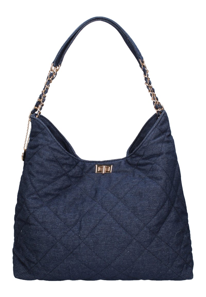 Gequilte marinestof handtas met een goudkleurige kettinghandvat en sluitdetail. Heeft een zachte, gestructureerde body met een slungelige vorm.