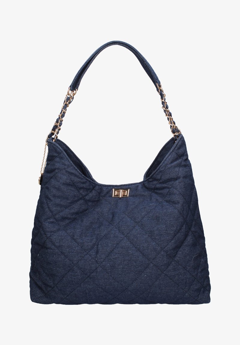 Gequilte marinestof handtas met een goudkleurige kettinghandvat en sluitdetail. Heeft een zachte, gestructureerde body met een slungelige vorm.