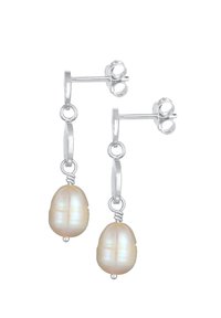 Pendientes de plata con forma de gota que presentan perlas ovaladas en color blanco roto, con una textura suave y una sutil iridiscencia, colgando de un botón redondo.