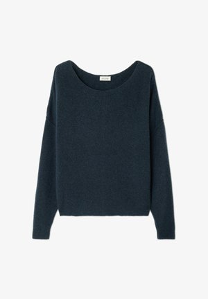 Tume sinine, kudumine sviiter, millel on lai ümar kaelus ja madal õlavars. Pehme tekstuur ja mugav lõige, nähtavad kinnitused puuduvad.