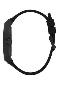 Black smartwatch with a rectangular face, smooth plastic case, and a soft silicone strap. Features a round side button and adjustable clasp.