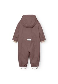 Combinaison de neige imperméable violette avec capuche, poignets élastiques et sangles de bottes. Tissu lisse avec un patch logo à l'arrière.