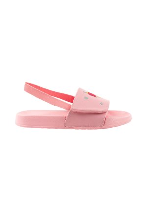 Sandalia infantil rosa con correa ajustable y banda elástica en el talón, con un gráfico colorido de helado en la correa frontal.