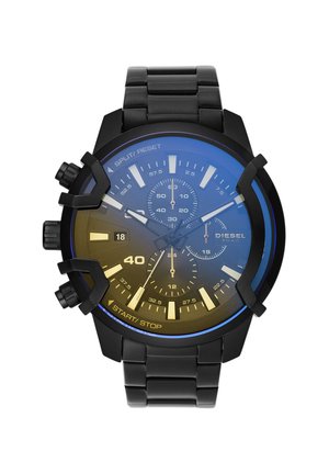 Montre chronographe Diesel noire avec un cadran teinté de bleu, trois sous-cadrans, un guichet de date et un bracelet en métal noir, étanchéité de 5 bars.