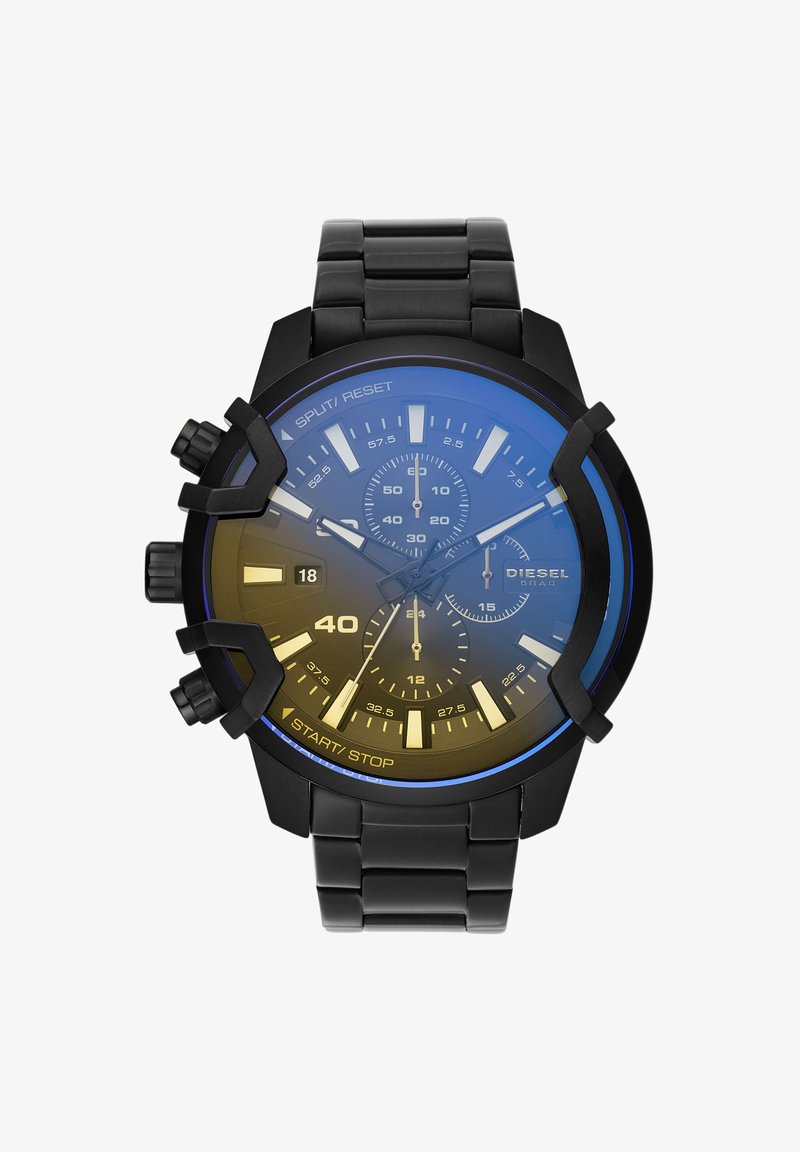 Relógio cronógrafo Diesel preto com mostrador azul, três submostradores, janela de data e pulseira de metal preta, resistente à água até 5 bares.