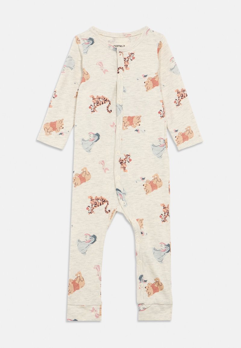 Beebikreemidega body, millel on nupud ja mis on kaunistatud Winnie Puhhi, Tiggeri, Eeyore'i ja Puhhi sõprade joonistustega.