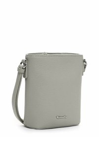 Borsa a tracolla grigia in ecopelle con forma rettangolare, tracolla regolabile e dettagli del logo sottili nella parte inferiore. Texture liscia.