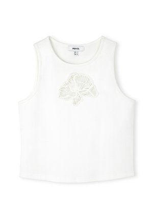Witte mouwloze top met een ronde hals. Heeft een gedetailleerd geborduurd schelpdessin in een lichte kleur aan de voorkant. Zachte stof.