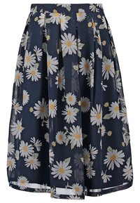 Niebieska spódnica w biało-żółty wzór stokrotek. Wykonana z lekkiego materiału, z plisami i zwiewnym krojem.