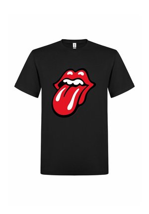 Zwarte katoenen t-shirt met een groot rood tong- en lippenontwerp met witte accenten, gecentreerd op de voorkant. Korte mouwen, ronde hals.