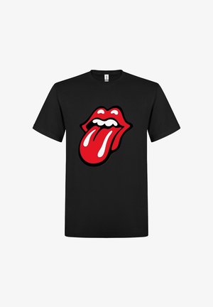 Zwarte katoenen t-shirt met een groot rood tong- en lippenontwerp met witte accenten, gecentreerd op de voorkant. Korte mouwen, ronde hals.