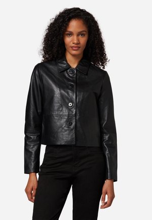 Black leather cropped jacket with a button front, collar, and long sleeves. Smooth texture; features three buttons down the front.