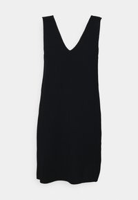 Robe noire sans manches avec un décolleté en V, fabriquée dans un tissu lisse, présentant une coupe droite et un ourlet au genou.