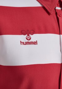 Rood en wit gestreept polo-shirt van soepel materiaal, met een kraag, knoopsluiting en een klein logo op de borst.