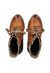 Brown leather lace-up boots with leopard print sides and side zippers, viewed from above on a white background.