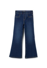 Vaqueros acampanados azul oscuro con cintura de media altura, dos bolsillos frontales, costuras amarillas contrastantes y una textura de mezclilla suave.