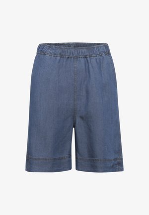 Kék mosású farmer shorts, rugalmas derékbandával és egyenes fazonnal. A szegélyek mentén kiemelkedő varrások adnak részletességet.