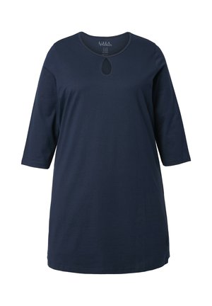 Námořnicky modrý tunik s tříčtvrtečními rukávy, kulatým výstřihem s klíčovým výstřihem, vyrobený z měkké bavlněné látky. Jednoduchý design bez vzorů.