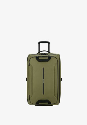 Olive green Samsonite rolling suitcase with black handles and an extended telescopic handle against a white background.