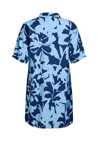 Kurzes Kleid aus leicht blauem Stoff mit einem großen marineblauen Blumenmuster, Kragen und einem lockeren, geraden Schnitt.