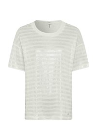 Witte t-shirt met een ronde hals, korte mouwen en een gestructureerd gestreept patroon. Gemaakt van een lichtgewicht, transparant materiaal met subtiele glans.