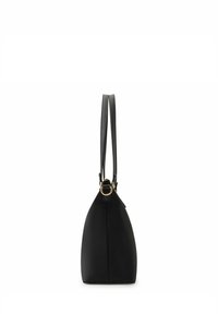 Borsa a tracolla in pelle nera con un design elegante e affusolato. Presenta lunghe tracolle, un anello accentato in tonalità oro e una texture liscia.