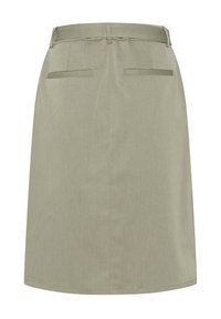 Khaki midi-hame, joka on valmistettu teksturoidusta kankaasta, jossa on tiukka vyötärö ja kaksi takataskua vaakasaumoilla. Suora, sileä muoto.