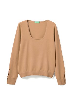 Beiger Pullover mit Karree-Ausschnitt aus weichem Stoff, mit langen Ärmeln, die an den Bündchen mit Knopf-Details versehen sind, und einem gerippten Abschluss.