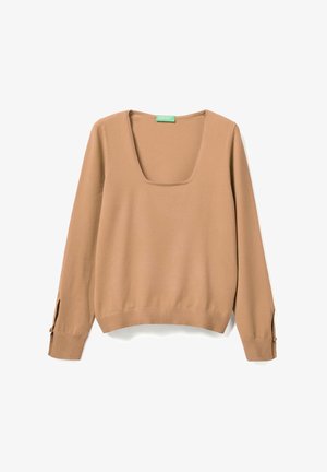 Beiger Pullover mit Karree-Ausschnitt aus weichem Stoff, mit langen Ärmeln, die an den Bündchen mit Knopf-Details versehen sind, und einem gerippten Abschluss.