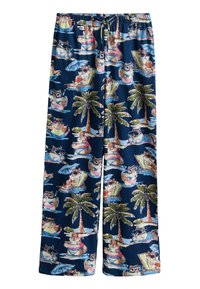 Pantalon bleu marine avec des loutres dessinées portant des lunettes de soleil, se relaxant sur des chaises de plage et des bouées, entourées de palmiers et de parasols.