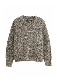 Paksu kudumüts pruunis, beežis ja kreemis. Omab ümmargust kaelust, pikki varrukaid ja soonikut. Pehme tekstuur ning vabalt langev stiil.