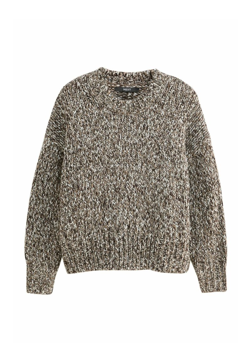 Paksu kudumüts pruunis, beežis ja kreemis. Omab ümmargust kaelust, pikki varrukaid ja soonikut. Pehme tekstuur ning vabalt langev stiil.