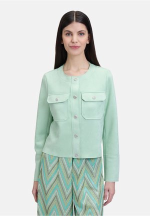 Mint green suede jacket with two chest pockets, round neckline, and silver button accents. Paired with patterned pants in chevron design.