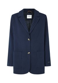 Blazer de rayas marinas hecho de tela con solapa muesca, dos bolsillos frontales y botones en tono dorado. Interior forrado. Corte regular.